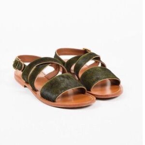 Marni Green Fur/ Leather Flat Sandals